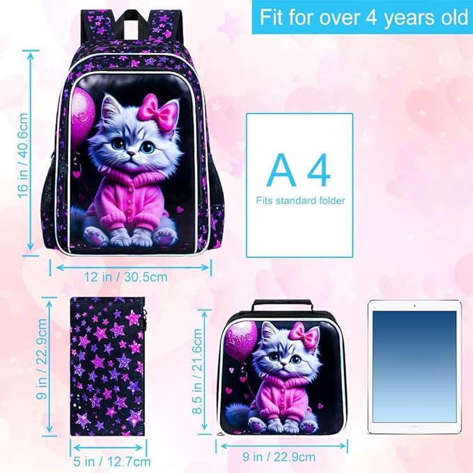 CCJPX 3Pcs Cat Backpack for Girls, 16” Kids Bookbag with Lunch Box, Water Resistant Elementary School Bag for Kindergarten Preschool Toddler (Black)