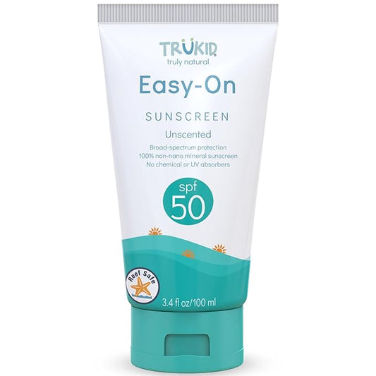 TruKid Easy On Mineral Sunscreen SPF 50 - All Natural Kids & Baby Sunscreen for Face & Body, Non-Toxic Zinc Oxide Sunblock Protection for Sensitive Skin, Unscented, FSA Eligible, Travel Size 3.4oz