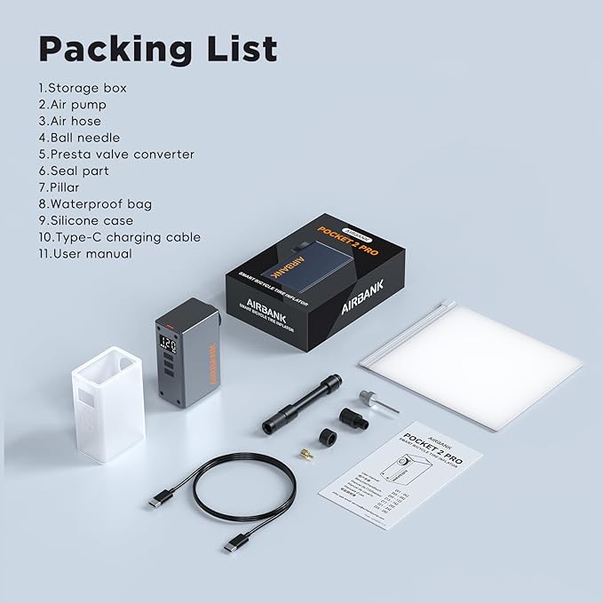 AIRBANK Mini Bike Pump with Gauge, Pocket 2 PRO, 120 PSI Electric Bicycle Pump Portable, Rechargeable Bike Air Pump for Road Bike, Mountain Bike, Sports Balls for Schrader & Presta Valve