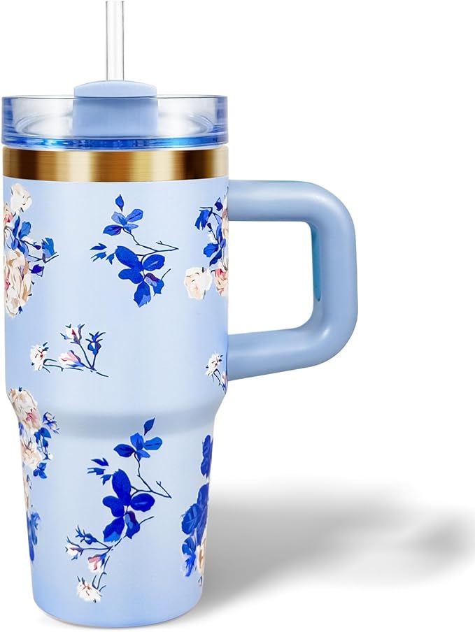 14 oz Tumbler with Handle and Straw, 14oz Toddler Tumbler with Lid and Straw for Kids Stainless Steel Tumblers, Outdoor Sports Travel School Gift, Keeps Drinks Cold up to 24 Hrs(Blue Flower)