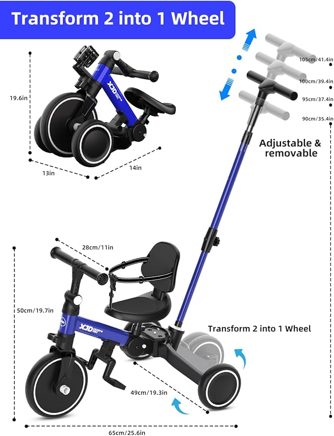 XJD Toddler Bike, 6 in 1 Folding Toddler Tricycle for 1-4 Year Old with Parental Control Handle, Balance Bike with Removable Pedal, Backrest, Adjustable Seat and Handle, First Birthday Gifts (Blue)
