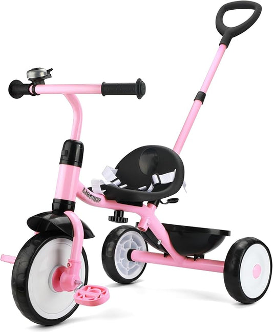 Liberry 2 in 1 Toddler Tricycle Age 2 3 4 Years Old, Kids Trike with Adjustable Push Handle, Bell & Basket, 3 Wheel Bike Riding Toy Birthday for Girls Boys, Light Pink