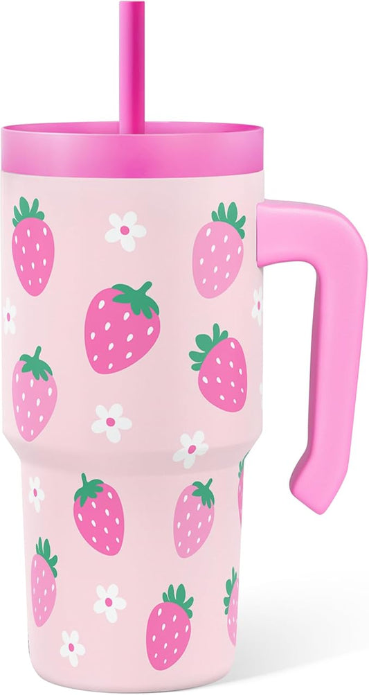 Strawberry Tumbler 20oz with Handle and Silicone Straw Lid for Kid, Insulated Stainless Steel Cup, Gift for Kids Girls, Gifts Idea for Birthday Christmas Back to School