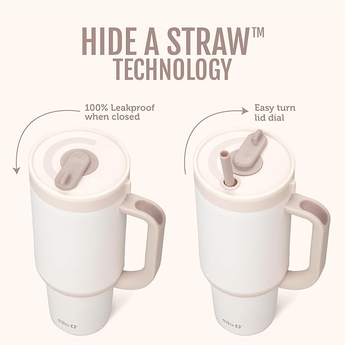 Ello Oasis 24 oz Tumbler with Handle & Retracting Straw | Reusable Insulated Stainless Steel Cup 100% Leakproof, Gifts for Teens Women Men | Keeps cold for 24 Hours, Cup Holder Friendly, Cream Tonal