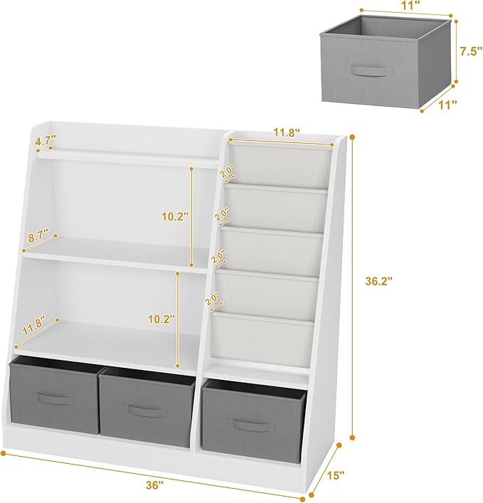 White Kids Bookshelf Wood Montessori Toy Storage Organizer Cabinet Shelf Child Bookcase Toddler Baby Sling Book Rack 3 Cube Bin Fabric Drawers for Playroom Bedroom Nursery School