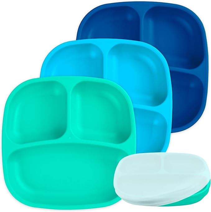 Re-Play Toddler Plates with Dividers - Deep-Walled 3 Compartments Divided Plates for Kids with 1 Lid - Dishwasher & Microwave Safe - Made in USA - Set of 3-7.37" x 7.37" x 1.25