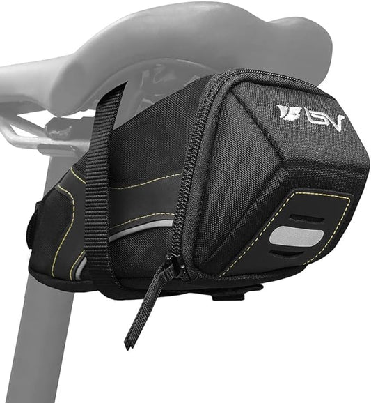 BV Strap-On Bike Bag with Reflective Material - Capacious Saddle Bag with Seperate Divider for Small Items & Room for All Your Essentials - Bike Pouch with Taillight Hanger for Maximum Safety