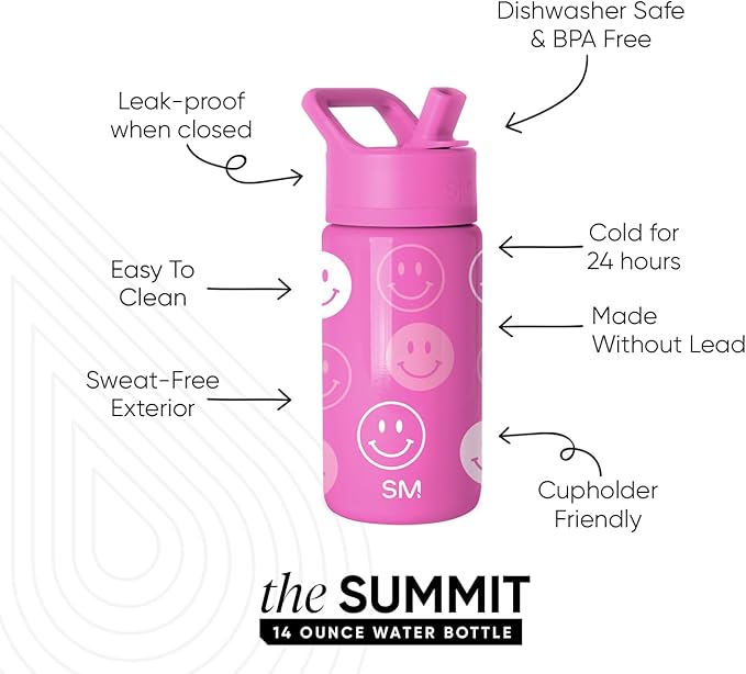 Simple Modern Kids Summit Water Bottle with Straw Lid | 14oz Stainless Steel Cup Insulated Tumbler for Toddlers, School | Pink Happy Faces