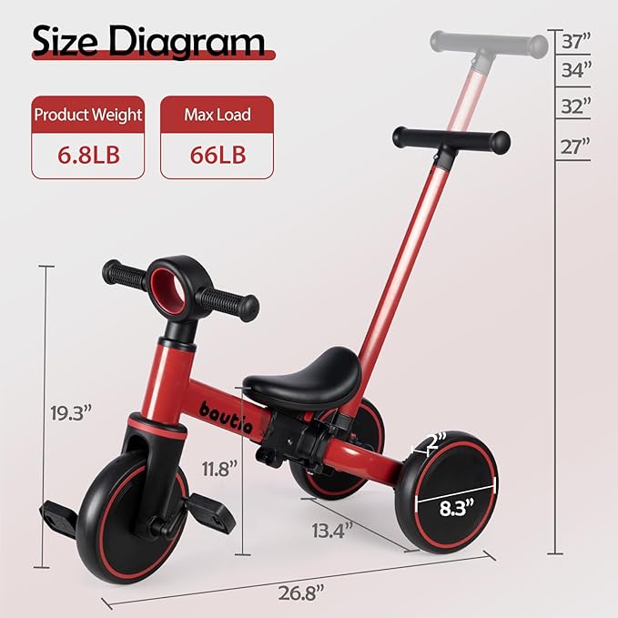 Kids Tricycle for Toddlers 1-3 with Push Handle, 5 in 1 Baby Balance Bike Toy for 1-4 Years Old Boys Girls Gift with Removable Pedals, Red (No Parent Steering Version)