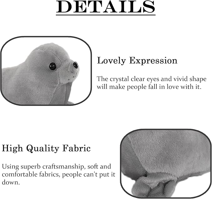 Seal Plush Stuffed Animal Grey Cute Toy Pillow Kawaii Doll for Kids, 9 inch