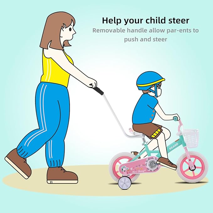 KEANO Voyager 10 12 Inch Kids Bike for Boys and Girls Ages 1-4 Years, Toddler Bike with Training Wheels & Basket, Detachable Parent Push Handle, Children Bicycle