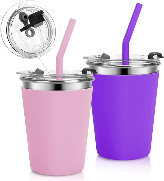 Stainless Steel Kids Cups with Lids and Straws Leakproof, 2 Pack 12oz Spill Proof Cups for Toddlers Kids Tumblers Unbreakable Sippy Cup with Straws for School, Outdoor (Pink & Purple)
