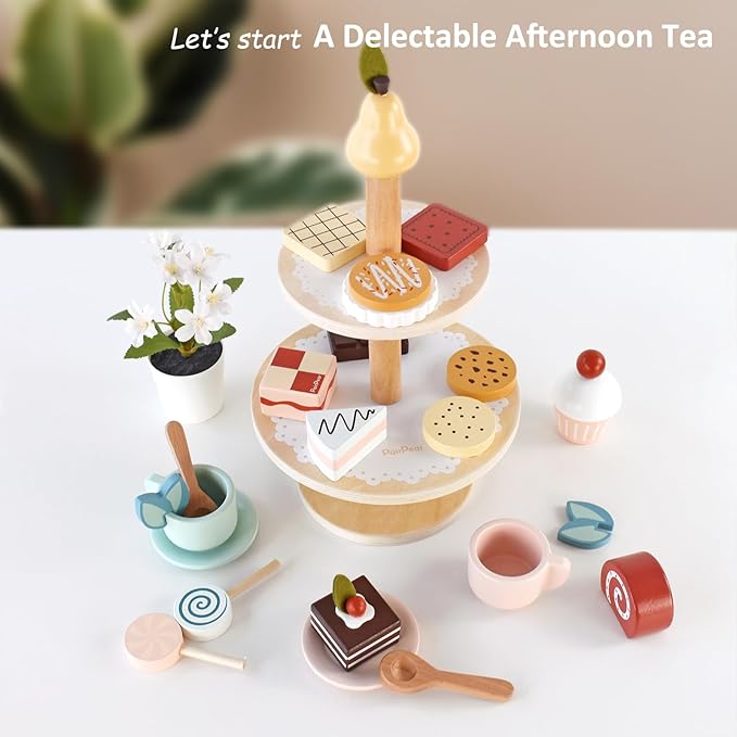 PairPear Tea Party Set Dessert Stand Playset -Wooden Toys Pretend Play Food Kitchen Accessories for Toddler Tea Set Birthday Gift