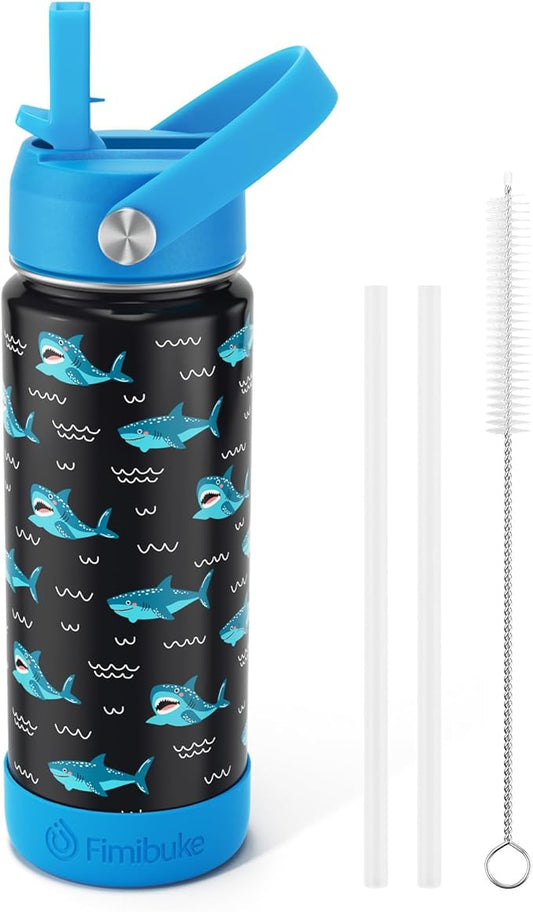 Fimibuke Kids Insulated Water Bottle, 18oz BPA FREE 18/8 Stainless Steel Kids Cup with Straw Travel Tumbler Double Wall Vacuum Leak Proof Toddler Water Bottle for School Boys Girls(1 Pack, Shark)