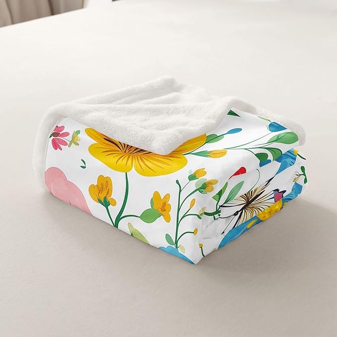 Colorful Flowers Fleece Throw Blanket Botanical Floral Printed Plush Blanket for Sofa Couch Bed Butterflies Dragonflies Bees Sherpa Blanket s Animal Fuzzy Blanket Room Decor Queen 90x90 Inch
