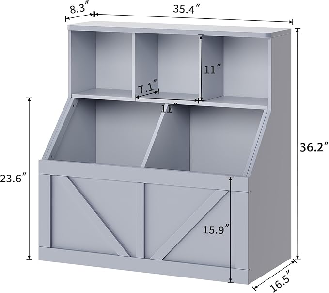 Kids Bookshelf and Toy Storage, Toy Storage Organizer, Toy Organizer with Storage Cabinet and Toy Shelf, Toddler Book Shelf for Kids Rooms, Playroom, Bedroom, Nursery, Daycare, Living Room, Grey