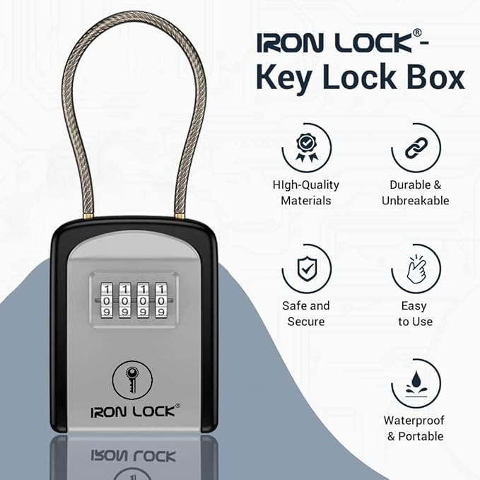 Iron Lock® Portable Key Lock Box with Removable Cable Shackle Indoor Outdoor Waterproof 4 Digit Combo Resettable Code with A B Switch Key Lockbox for Outside Spare Keys for Realtors (Small, Grey)