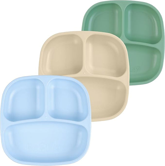 Re-Play Toddler Plates with Dividers - Deep-Walled 3 Compartments Divided Plates for Kids - Dishwasher & Microwave Safe - Made in USA - Set of 3-7.37" x 7.37" x 1.25" - Beach Baby