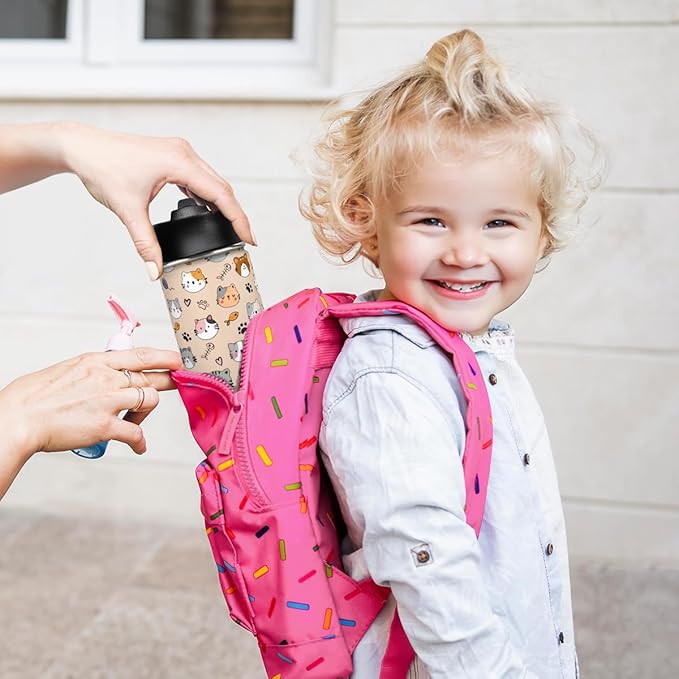 SANDJEST Kids Water Bottle with Straw Lid, Pack of 2 Insulated 12 Oz Stainless Steel Water Bottles for Girls, Travel Cup for School Sports, Cat - Unicorn