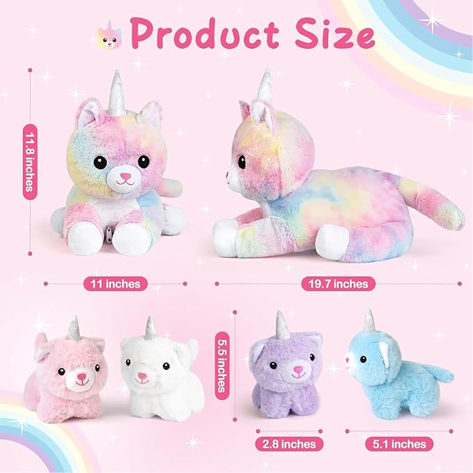 KMUYSL Toys for Ages 0 1 2 3 4 5 6 7 8+ Years - Plush Mommy Stuffed Animal with 4 Babies in Her Tummy, Soft Plush Toys Set, Christmas Birthday Gifts for Girls Boys, Toddler, Kids (Unicorn Cat Toys)