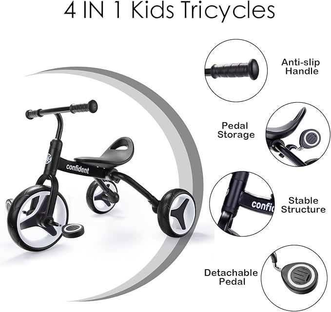 YGJT 4 in 1 Tricycle for Toddlers Age 2-5, Folding Toddler Bike Kids Trike Tricycles with Adjustable Seat and Removable Pedal, Baby Balance Bike Ride-on Toys Gift for Baby Boys Girls Birthday