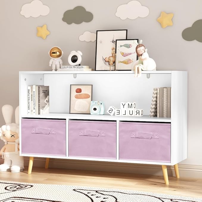 2-Tier Bookcase Bookshelf with Collapsible Fabric Drawers,Cute Book Display Storage Cabinet Organizer for Playroom Livingroom (White+Pink)