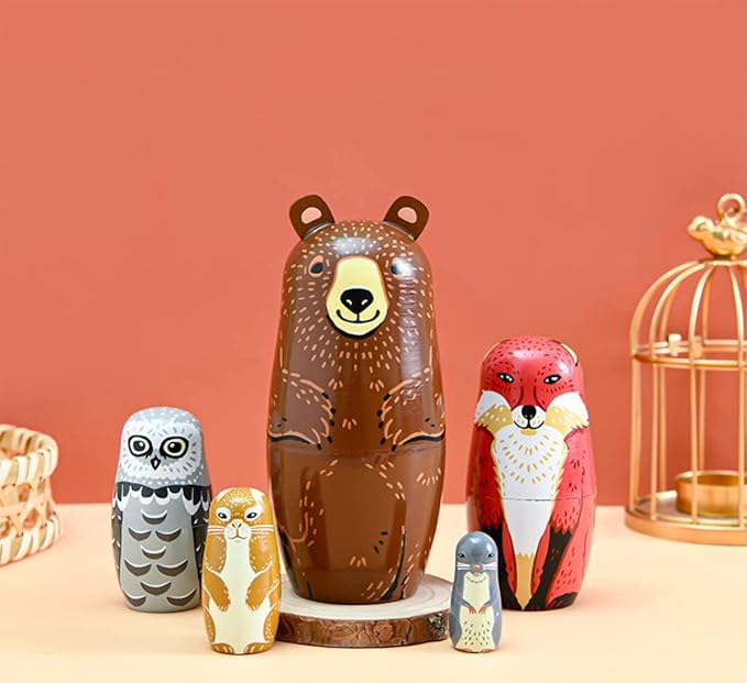 Nesting Dolls-Brown Cartoon Owl Bear Fox Raccoon Russian Nesting Dolls Wooden Matryoshka Doll Handmade Stacking Toy Set 5 Pieces for Kids