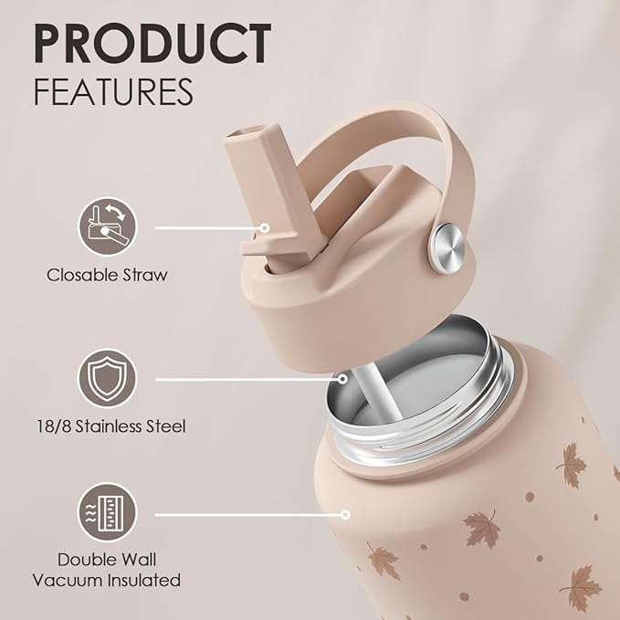 Maple Leaf Water Bottle 32oz Stainless Steel with Lid & Straw, Fall Insulated Bottles Gift for Women Girls, Autumn Gifts