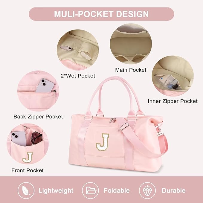 Dance Gym Duffel Bag for Teen Girls, Personalized Initial Travel Weekender Bag,Cute Overnight Carry On Duffle for Women,Sports Travel Cheer Bag,Monogram Christmas Gifts for Tween Preppy(pink-J)