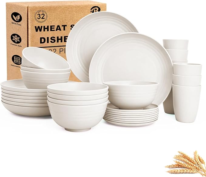 Plates and Bowls Sets for 8, Unbreakable & Lightweight Wheat Straw Dinnerware Sets 32 PCS, Microwave Safe Dishes Set for 8, Dinner Plate, Kitchen Cups and Bowls for Outdoor- White