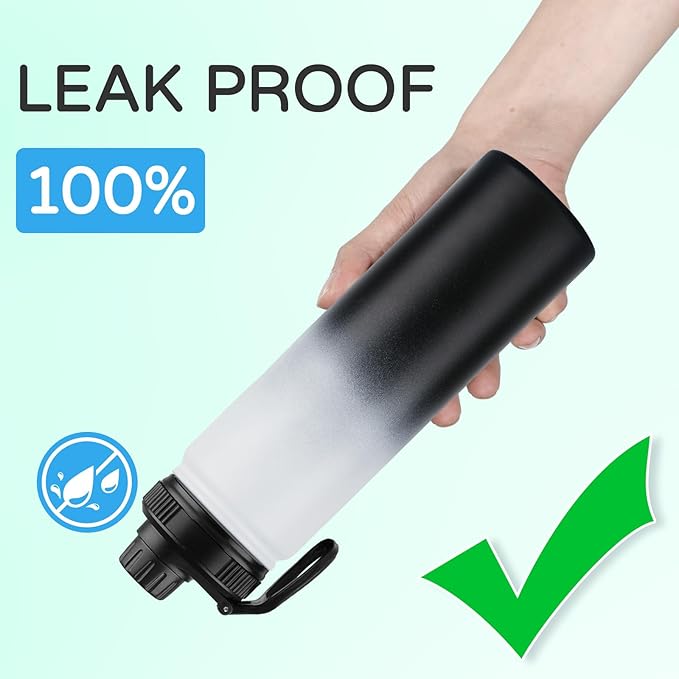 DOMICARE Insulated Water Bottle, 22 oz Vacuum Insulated Stainless Steel Reusable Sports Bottle with Straw Lid & Spout Lid for Travel, Camping, Bike, Leakproof, Black/White, 8 Pack