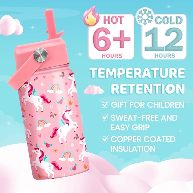 Unicorn Water Bottle for Girls - Kids Water Bottle with Straw Lid - 12 Oz Insulated Stainless Steel Water Bottles for Kid - Travel Cup for School Sports
