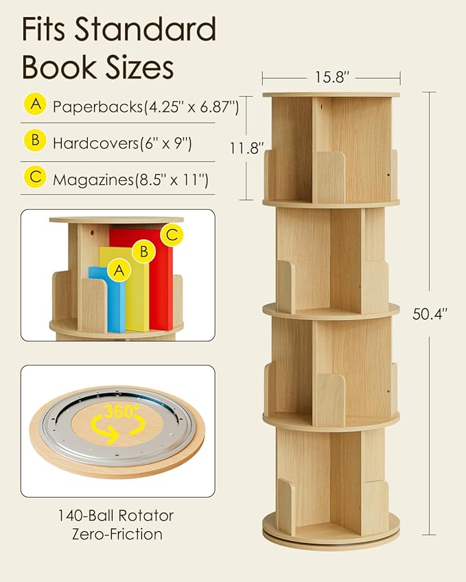 Masupu Rotating Bookshelf, Tall 4 Tier Rotating Spinning Bookshelf Tower, 360 Spinning Floor Standing Bookcase Storage Rack, Conner Rotating Book Shelf for Kids Rooms, Bedroom, Living Room