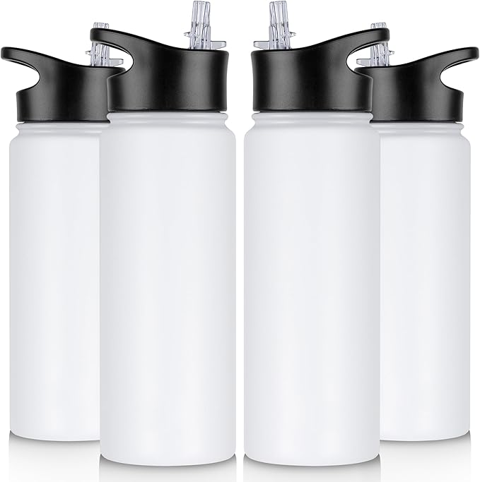 24 oz Insulated Water Bottle Bulk 4 Pack, Stainless Steel Sports Water Bottles with Straw Lid & Wide Mouth Lids, Double Walled Vacuum, Leak Proof, White
