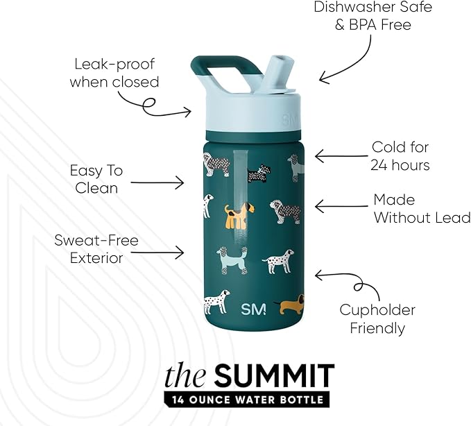Simple Modern Kids Summit Water Bottle with Straw Lid | 14oz Stainless Steel Cup Insulated Tumbler for Toddlers, School | Dog Days