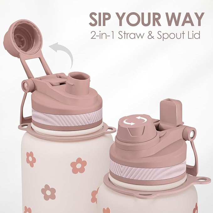 SANDJEST Beige Daisy Stainless Steel Water Bottle with Strap 32oz, Insulated Bottles with Straw and Spout Lid for Gym Sports Travel Outdoor, Gifts for Women Girls Birthday Christmas