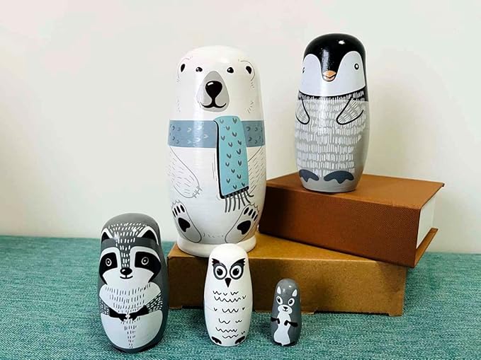 Polar Bear Nesting Dolls - Cute Animal Matryoshka Doll Handmade Wooden Dolls for Children Christmas Birthday Decoration Halloween Wishing Gift,Set of 5