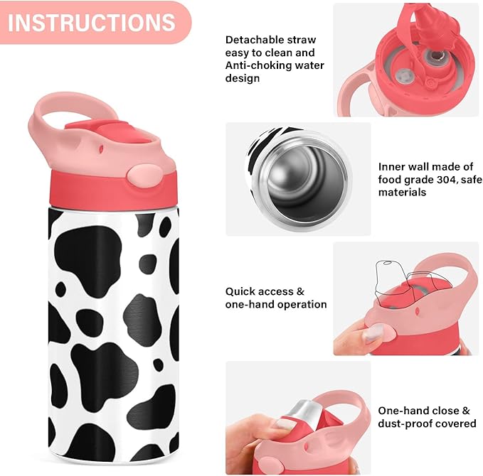 Kigai Black & White Cow Print Kids Water Bottle with Straw Lid, Vacuum Insulated Stainless Steel Double Walled Leakproof Tumbler Travel Cup for Girls Boys Toddlers, 12 oz