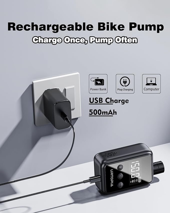 URTOPIA Mini Bike Tire Pump, Fast Inflate Bicycle Pump with Gauge, Rechargeable 150PSI Portable Electric Bike Air Pump with Presta and Schrader Valve for Road Bike, Ebike, Motorcycle, Ball