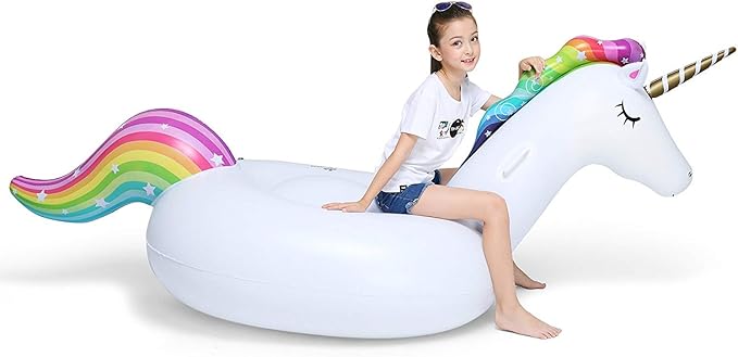 Jasonwell Big Inflatable Unicorn Pool Float Floatie Ride On with Fast Valves Large Rideable Blow Up Summer Beach Swimming Pool Party Lounge Raft Decorations Toys for Kids Adults