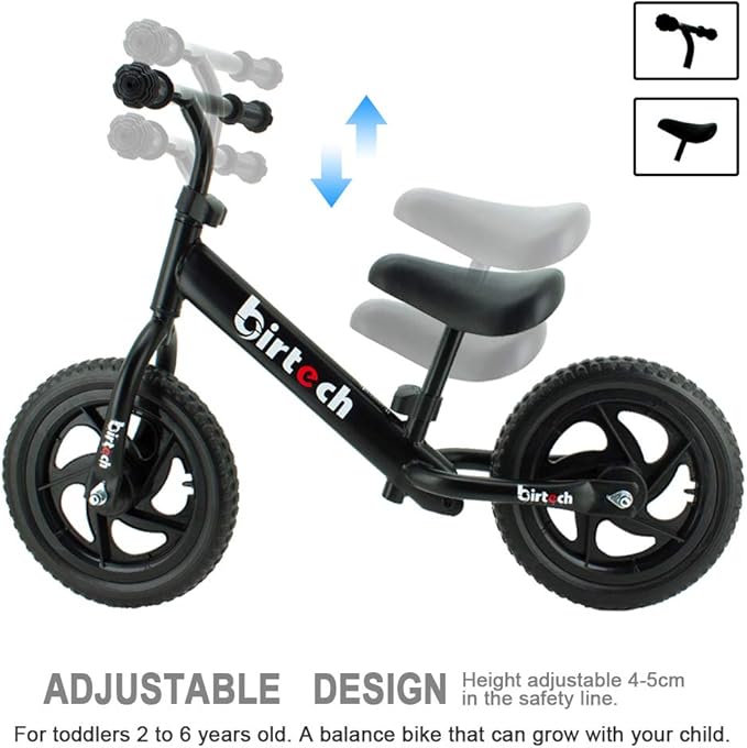 Birtech Balance Bike for 2,3,4,5 Year Old Kids, 12 Inch Toddler Balance Bike Kids Indoor Outdoor Toys, No Pedal Training Bicycle with Adjustable Seat Height, Airless Tire, Black