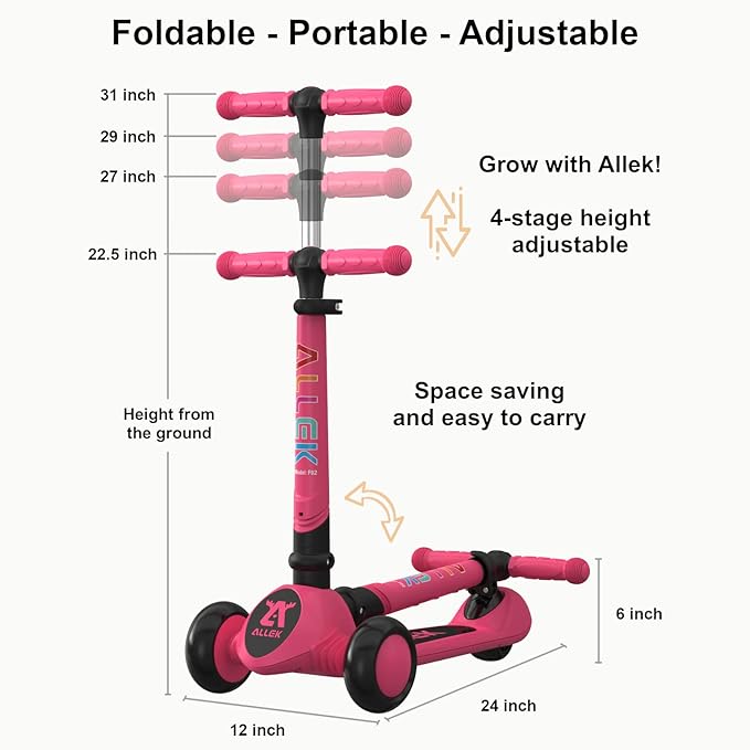 Allek Kick Scooter Foldable F02, 3-Wheel LED Flashing Glider and 4 Adjustable Height with Anti-Slip Thick Deck Push Scooter for Children 3-12yrs