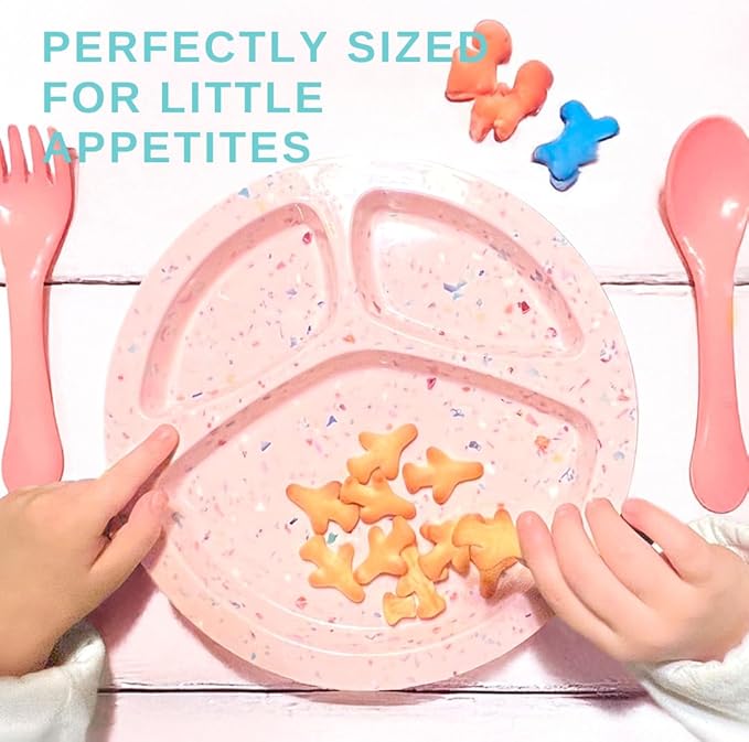 Bzyoo 9-Inch Melamine Divided Plates – 3-Section Portion Control Plates, Food Safe & Durable, Lightweight & Unbreakable, Reusable Tableware for Kids, Big Kids & Everyday Meals, Confetti Pink