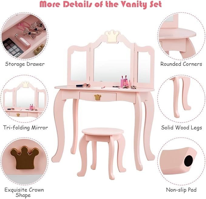 Costzon Kids Vanity Table and Chair Set, Princess Makeup Dressing Table with Drawer & Tri-Folding Mirror, 2 in 1 Vanity Set with Detachable Top, Pretend Beauty Play Vanity Set for Girls (Pink)