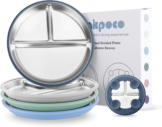 Stainless Steel Suction Plates for Toddlers, 9" Divided Kids Baby Plates with Removable Silicone Suction, Non Toxic Non Slip Portion Control Snack Dishes 4 Packs, Blue Gray Navy Sage