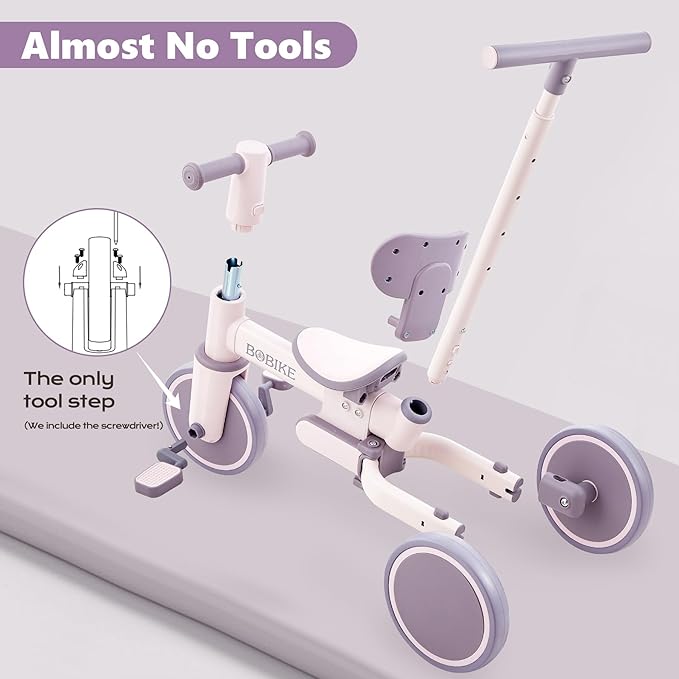 5-in-1 Tricycle for Toddlers 18 Months to 5 Years Old, Toddler Bike, Kids Tricycle with Push Handle and Backrest, Toddler Balance Bike with Easy Assembly for Boys and Girls. (Purple)