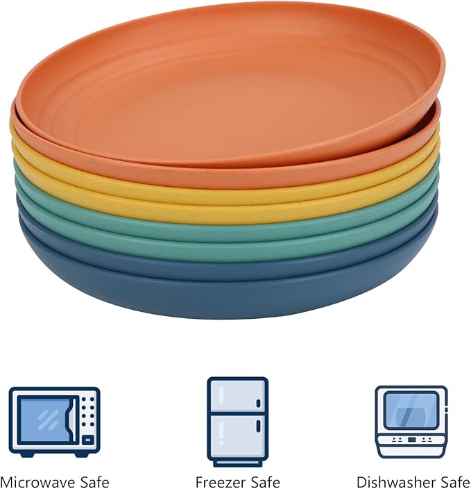 Homienly Deep Dinner Plates Set of 8 Alternative for Plastic Plates Microwave and Dishwasher Safe Wheat Straw Plates for Kitchen Unbreakable Salad Plate with 4 Colors (Colorful, 11 inch)