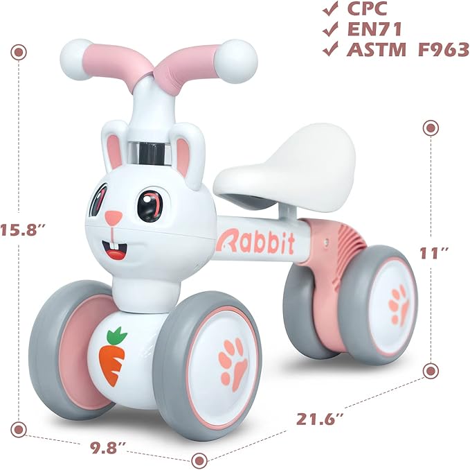 YGJT Baby Balance Bike Toys for 1 Year Old Girls, First Birthday Gifts for 10-36 Months Toddlers Bike, Non-Pedal 4 Silent Wheels Riding Toys, Kids Pre-School First Bike Rabbit