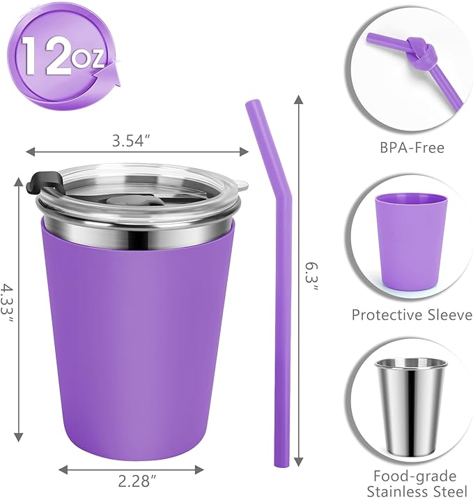 Kids Cups with Straws and Lids Leak Proof, 12oz Sippy Cups for Toddlers 1-3 No Spill, 2 Pack Spill Proof Cup Stainless Steel Kids Cup with Lids for School, Outdoor (Pink & Purple)