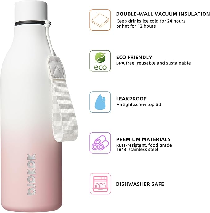 BJPKPK Insulated Water Bottles, 25 oz Stainless Steel Metal Water Bottle with Strap, BPA Free Leak Proof Thermos, Mugs, Flasks, Reusable Water Bottle for Sports & Travel, Graceful Pink